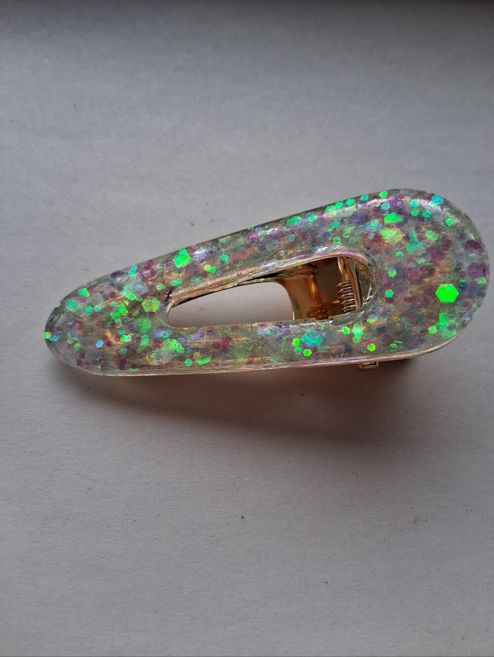 5/$25 Hand Crafted Iridescent Glitter Hair Clip with Green Sparkles